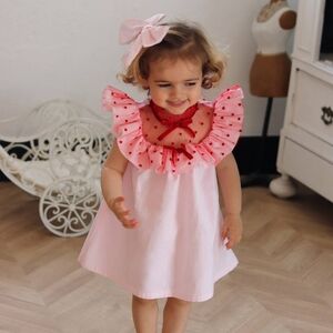 Phi Clothing Red Heart Tulle Collar Pink Dress